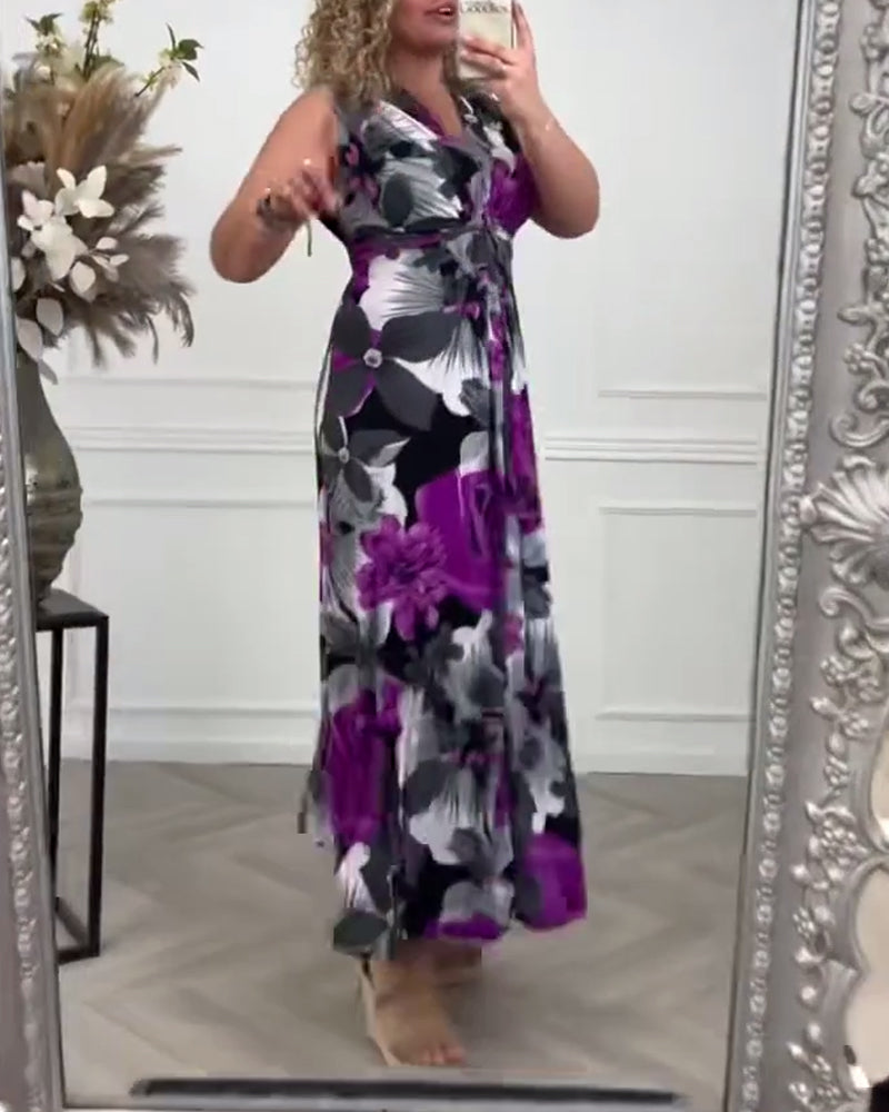 💖Eleganța este atât de simplă💐Rochie elegantă plisată cu imprimeu floral fără mâneci