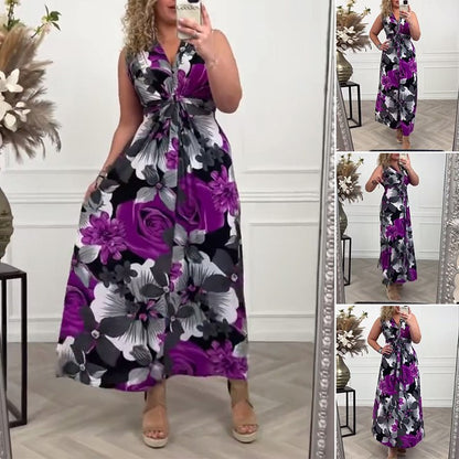 💖Eleganța este atât de simplă💐Rochie elegantă plisată cu imprimeu floral fără mâneci