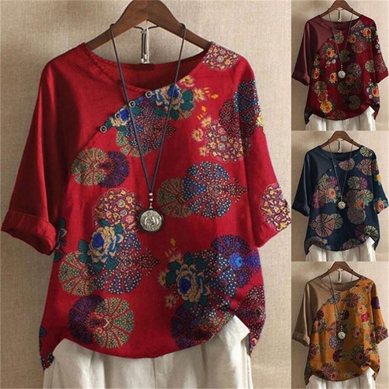 💟Produse noi 40% off👚Femeile Button Short Sleeve Floral Print T-Shirt