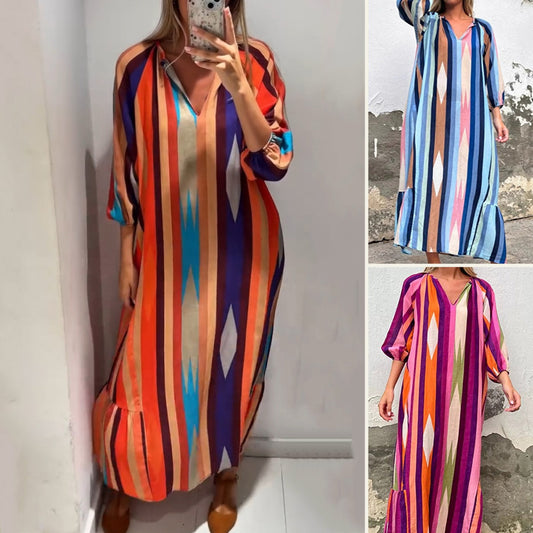 【S-3XL】✨Γυναικείο φόρεμα με V λαιμόκοψη, μακριά μανίκια και ρίγες