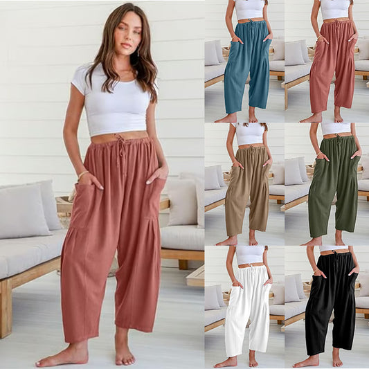 【S-2XL】🥰Pantaloni largi din bumbac și in cu talie elastică