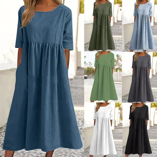 【S-5XL】🌿Βαμβακερό λινό με τσέπες φόρεμα με στρογγυλό λαιμό
