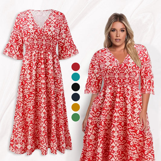 【S-5XL】🌸Υπερμεγέθη Stretch Pointed Neck Floral φόρεμα