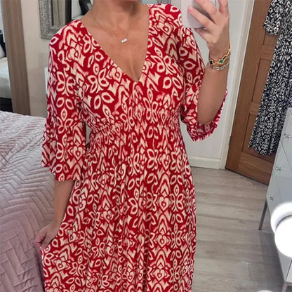 【S-5XL】🌸Υπερμεγέθη Stretch Pointed Neck Floral φόρεμα