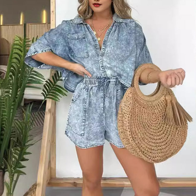 ✨2024 Produse noi🌷Set de cămașă de vară din două piese pentru femei din denim de vară