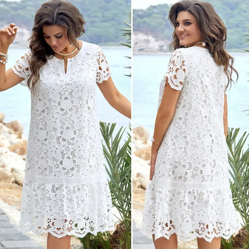 【✨2024 Produse noi】💃Rochie florală albă cu decupaj elegant - Mărime mare