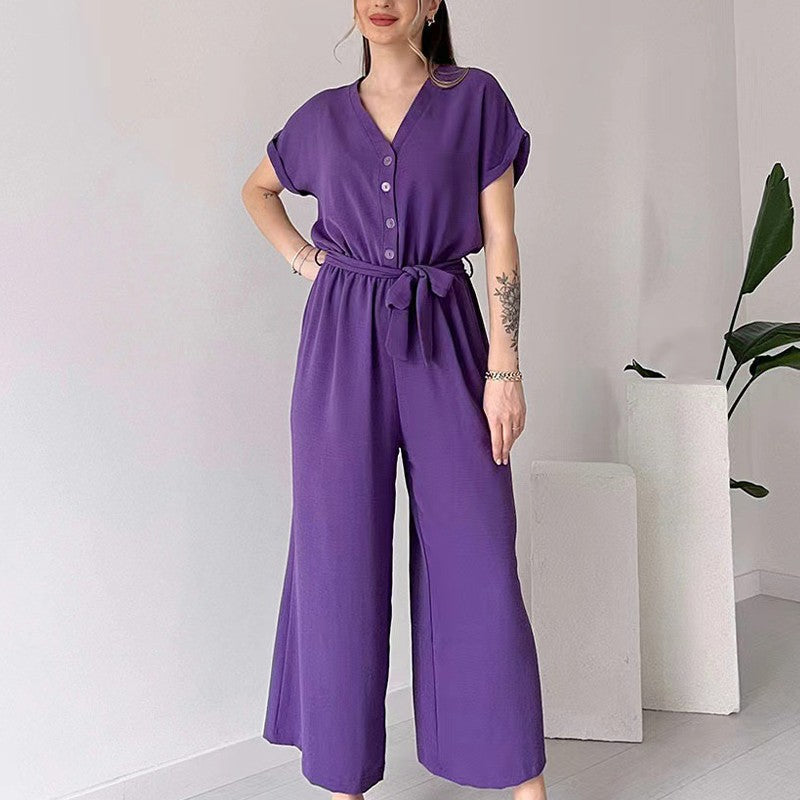 【🎊2024 Produse noi】💖Femeii V-Neck cu mânecă scurtă Casual Jumpsuit