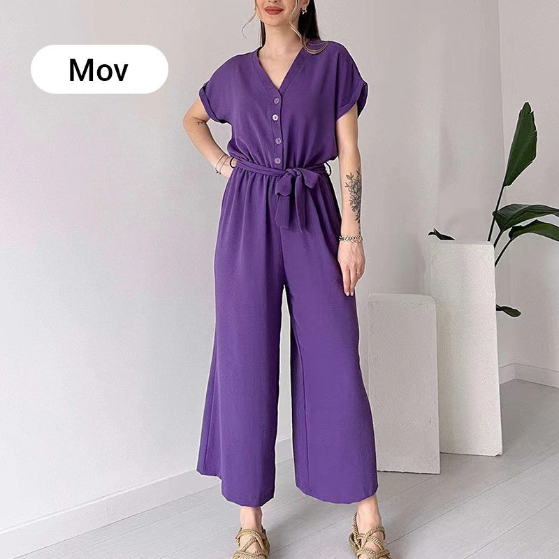 【🎊2024 Produse noi】💖Femeii V-Neck cu mânecă scurtă Casual Jumpsuit