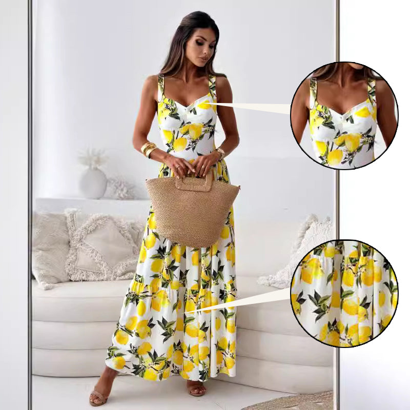 ✨Eleganța este atât de simplă - 🍋Femei Elegant Lemon Print Spaghetti Strap Flowy rochie lungă