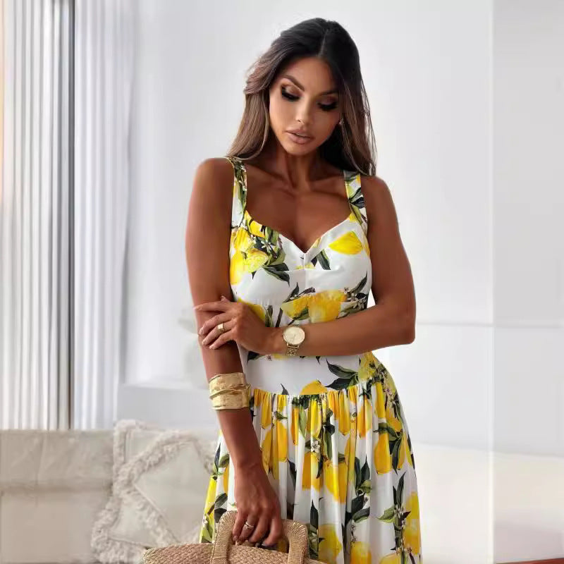 ✨Eleganța este atât de simplă - 🍋Femei Elegant Lemon Print Spaghetti Strap Flowy rochie lungă