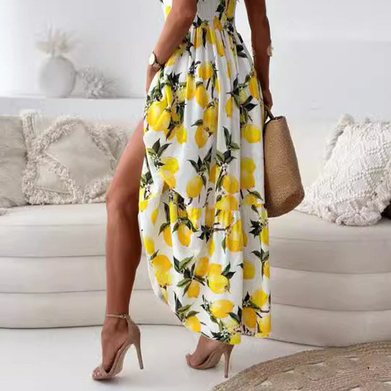 ✨Eleganța este atât de simplă - 🍋Femei Elegant Lemon Print Spaghetti Strap Flowy rochie lungă