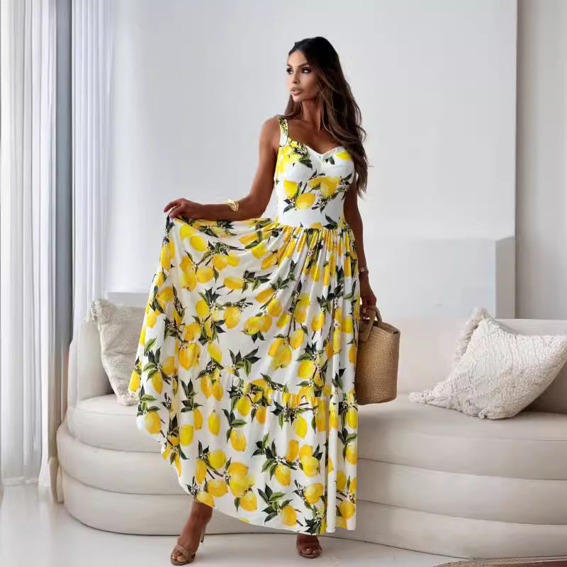 ✨Eleganța este atât de simplă - 🍋Femei Elegant Lemon Print Spaghetti Strap Flowy rochie lungă