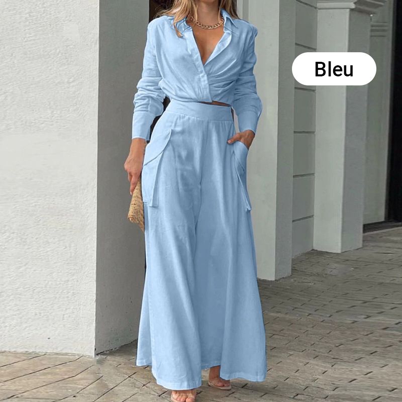 【✨Set elegant din două piese】💖top cu mânecă lungă și manșete și pantaloni cu talie înaltă