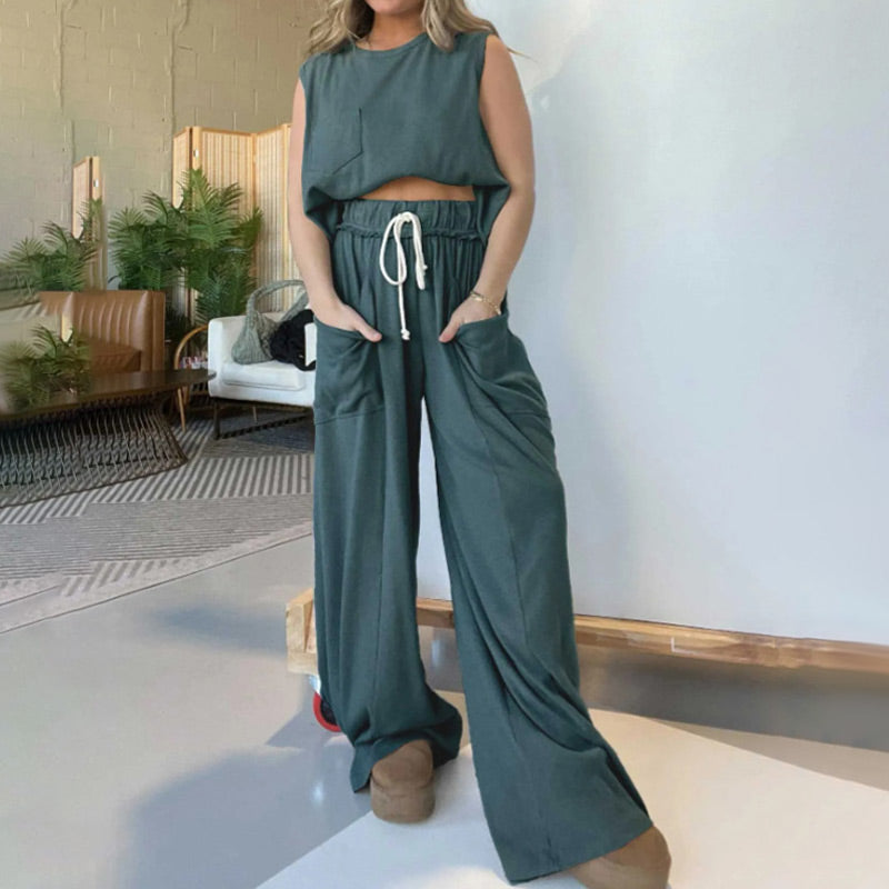 【✨2024 Produse noi】🧥&👖Noua femei fără mâneci Tank Top Wide Leg Sweatpants Set