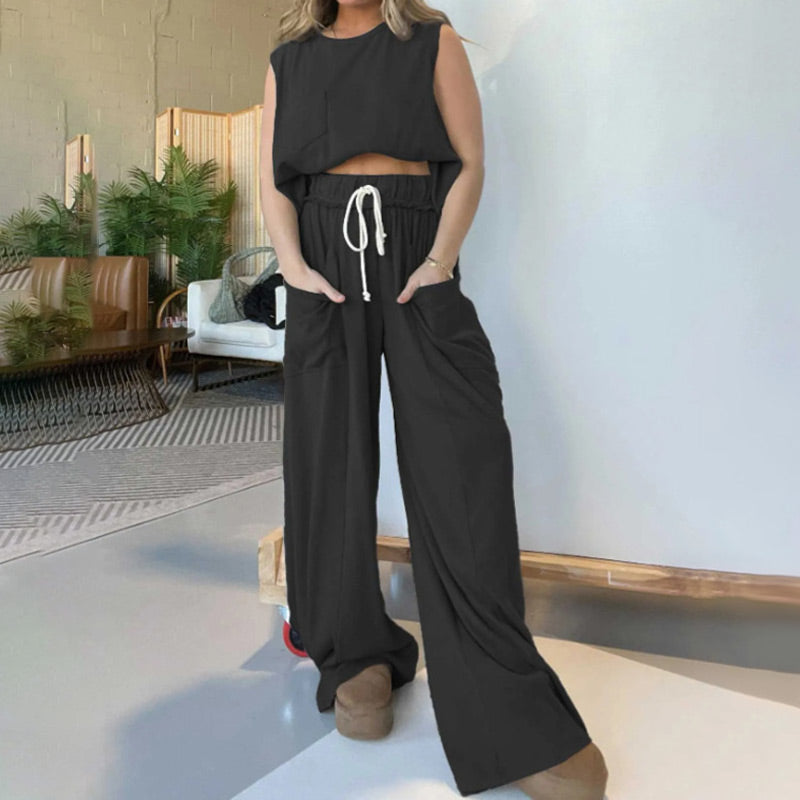 【✨2024 Produse noi】🧥&👖Noua femei fără mâneci Tank Top Wide Leg Sweatpants Set