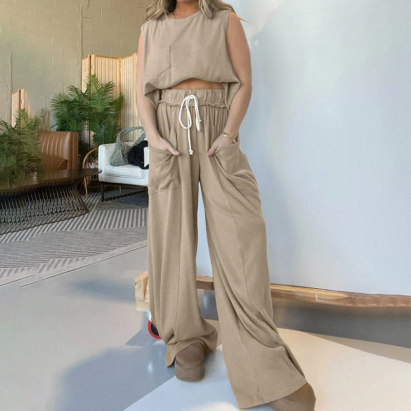 【✨2024 Produse noi】🧥&👖Noua femei fără mâneci Tank Top Wide Leg Sweatpants Set