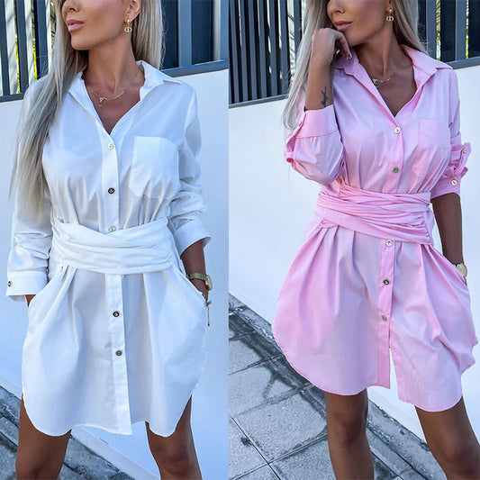 【💗2024 Produse noi】👗Femeii Trendy culoare solidă Tie Waist Shirt Dress