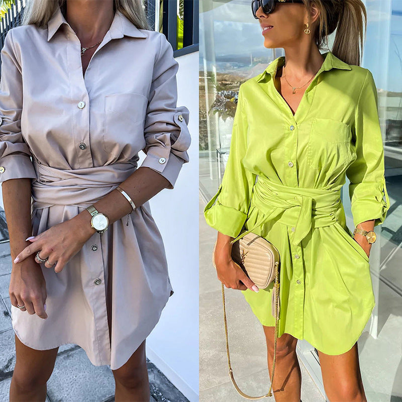 【💗2024 Produse noi】👗Femeii Trendy culoare solidă Tie Waist Shirt Dress