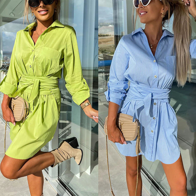 【💗2024 Produse noi】👗Femeii Trendy culoare solidă Tie Waist Shirt Dress