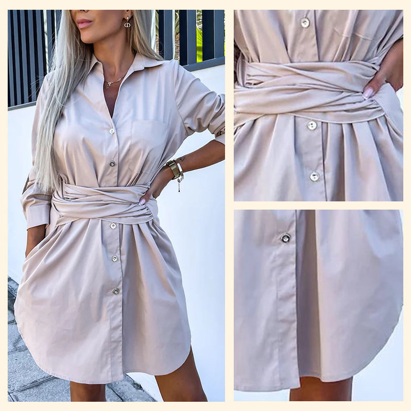 【💗2024 Produse noi】👗Femeii Trendy culoare solidă Tie Waist Shirt Dress