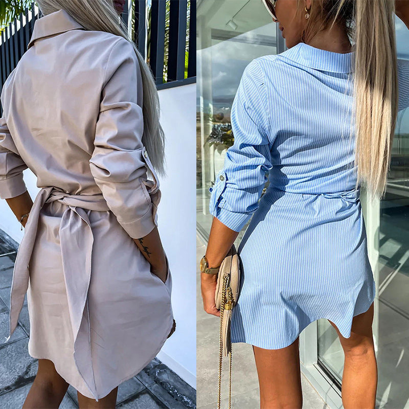 【💗2024 Produse noi】👗Femeii Trendy culoare solidă Tie Waist Shirt Dress