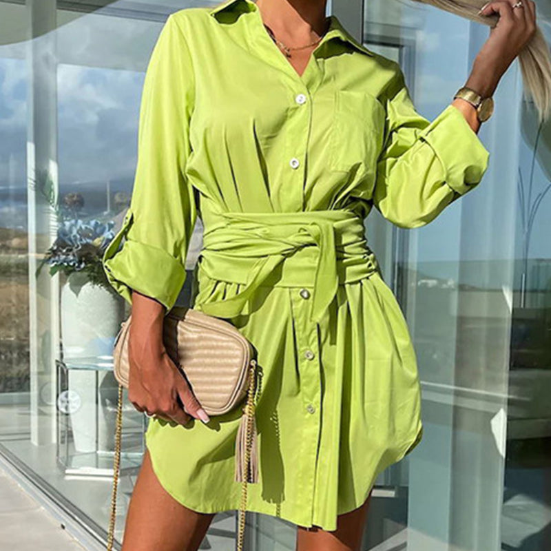 【💗2024 Produse noi】👗Femeii Trendy culoare solidă Tie Waist Shirt Dress