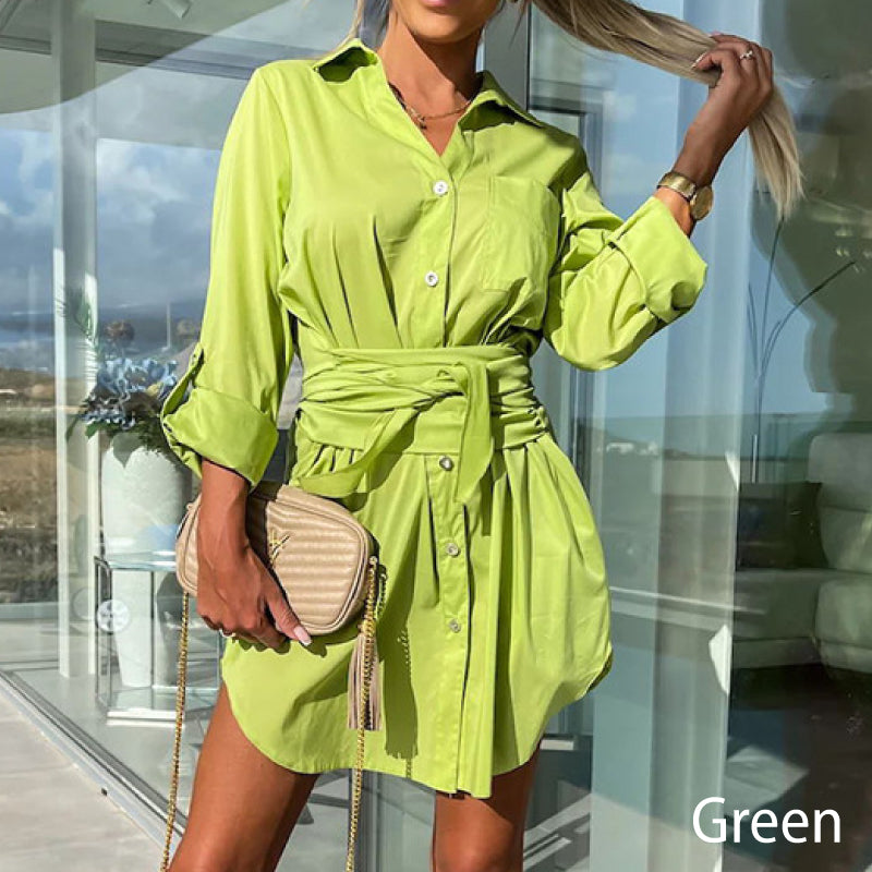 【💗2024 Produse noi】👗Femeii Trendy culoare solidă Tie Waist Shirt Dress