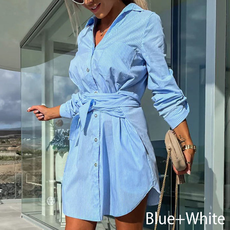 【💗2024 Produse noi】👗Femeii Trendy culoare solidă Tie Waist Shirt Dress