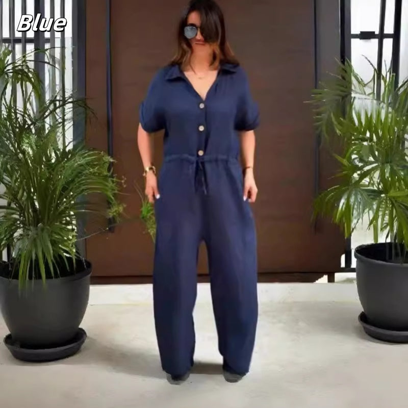 【🌹Elegant și încrezător】👗Femeii Solid Lapel buton în jos cordon Jumpsuits