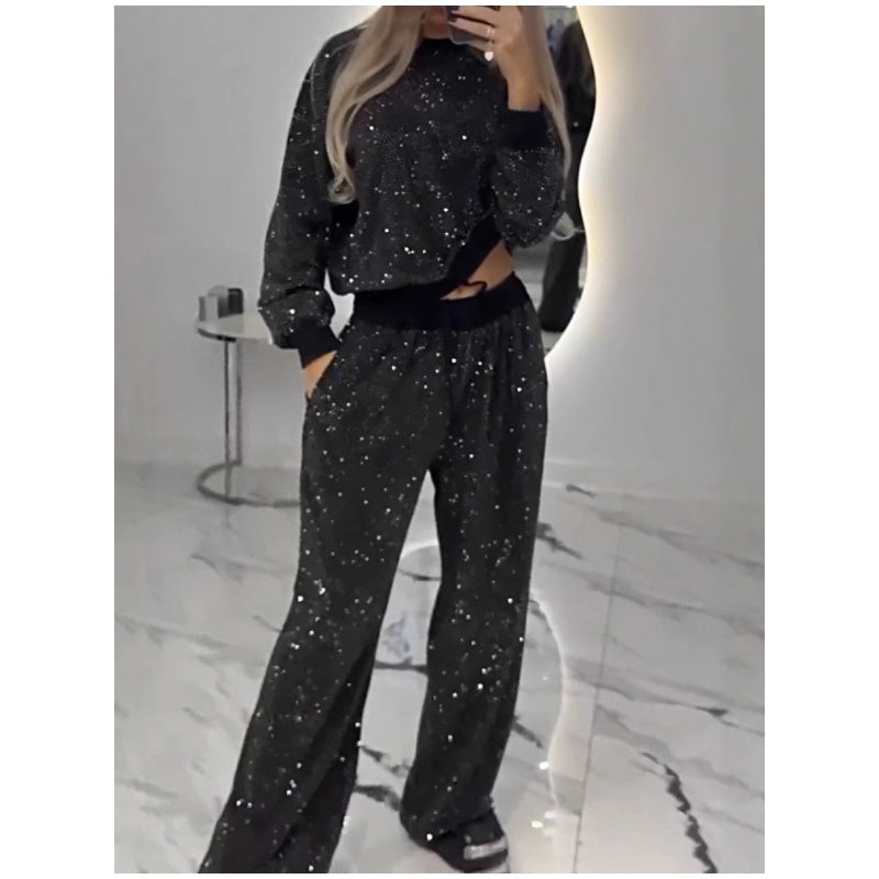 【🔥2025 Produse noi】✨Top cu paiete și pantaloni cu picior larg Set două piese