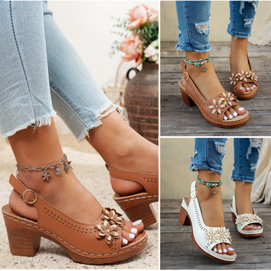 【EU 36-43】🌸Sandale elegante pentru femei cu toc înalt și decor floral