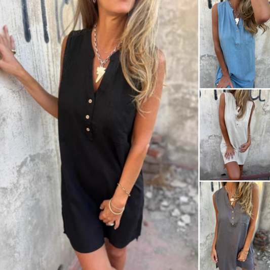 【S-4XL】🌿Μονόχρωμο φόρεμα από βαμβάκι και λινό