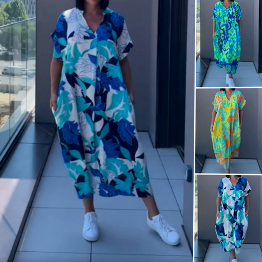 【S-3XL】🌸Γυναικείο κομψό τυπωμένο φόρεμα με V-λαιμό