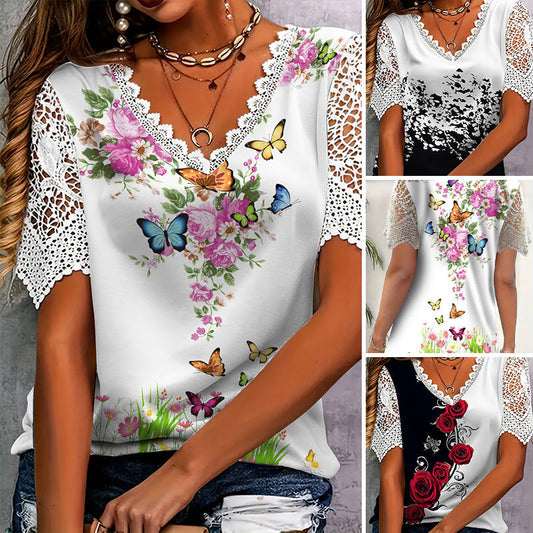 【S-4XL】👚Μπλούζα με δαντέλα και κοντό μανίκι με σχέδιο