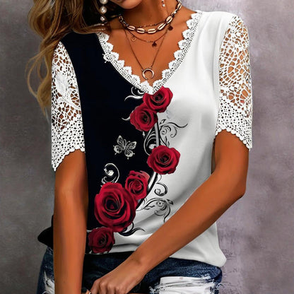 【S-4XL】👚Μπλούζα με δαντέλα και κοντό μανίκι με σχέδιο