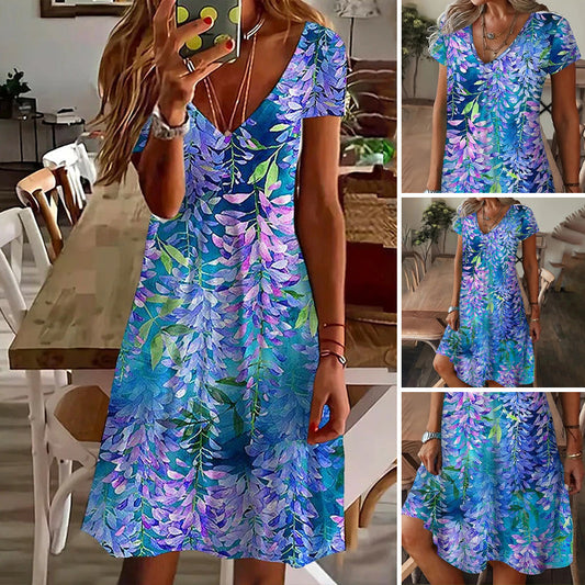 【S-4XL】🌸Κομψό τυπωμένο φόρεμα με κοντό μανίκι