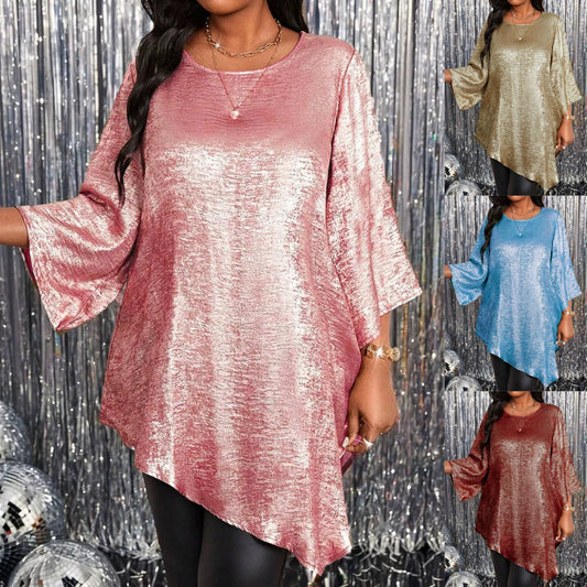 【XL-4XL】👚Γυναικείο μπλουζάκι με στρογγυλό λαιμό και ασύμμετρο τελείωμα