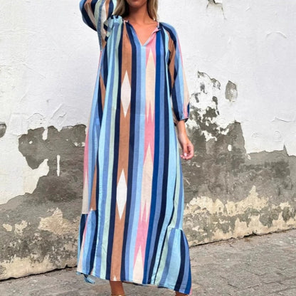 【S-3XL】✨Γυναικείο φόρεμα με V λαιμόκοψη, μακριά μανίκια και ρίγες