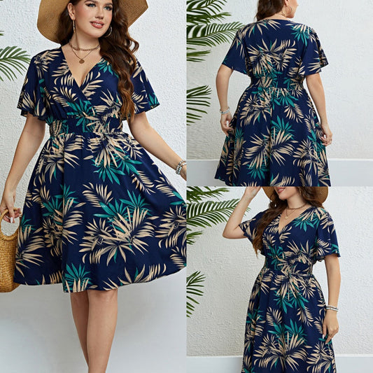 【XL-4XL】🍂Γυναικεία Φόρεμα Midi με V-Λαιμό, Τυπωμένο Σχέδιο και Στενό Μέσο