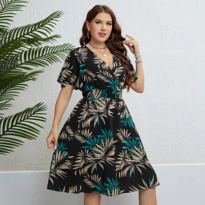 【XL-4XL】🍂Γυναικεία Φόρεμα Midi με V-Λαιμό, Τυπωμένο Σχέδιο και Στενό Μέσο