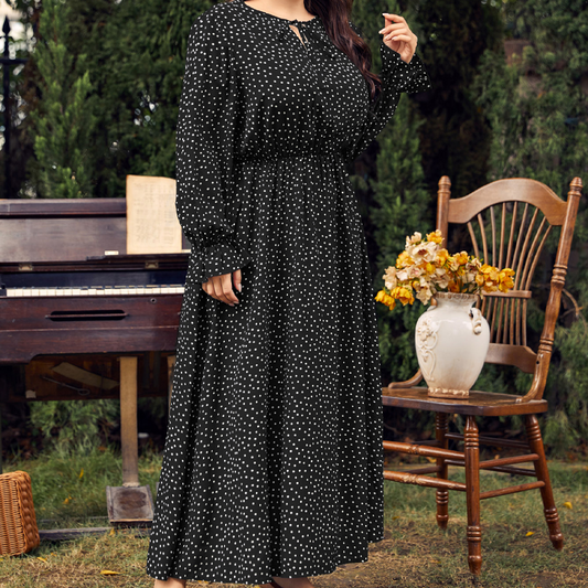 【L-4XL】👗Πουά φόρεμα με μακριά μανίκια