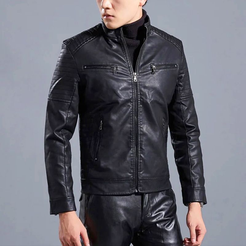 🔥Bărbați Stand Collar Biker jacheta de piele Biker