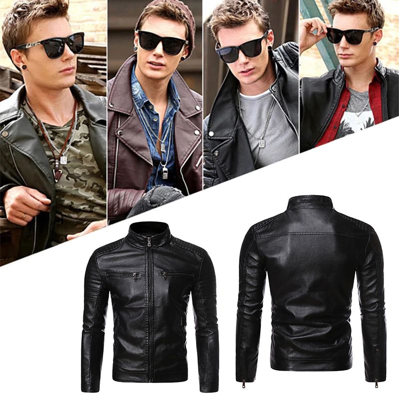 🔥Bărbați Stand Collar Biker jacheta de piele Biker