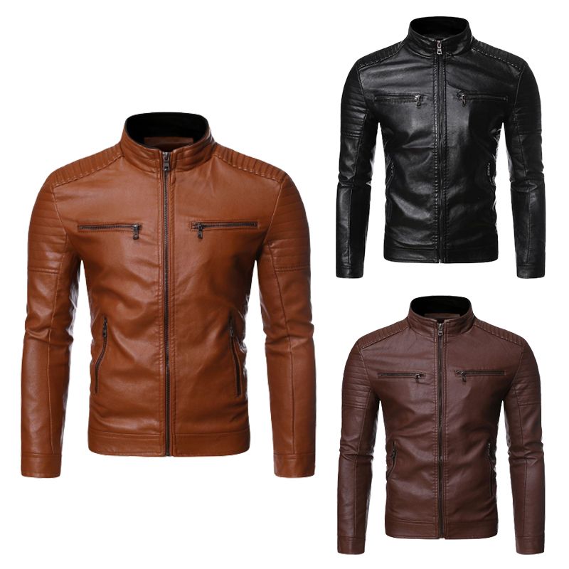 🔥Bărbați Stand Collar Biker jacheta de piele Biker